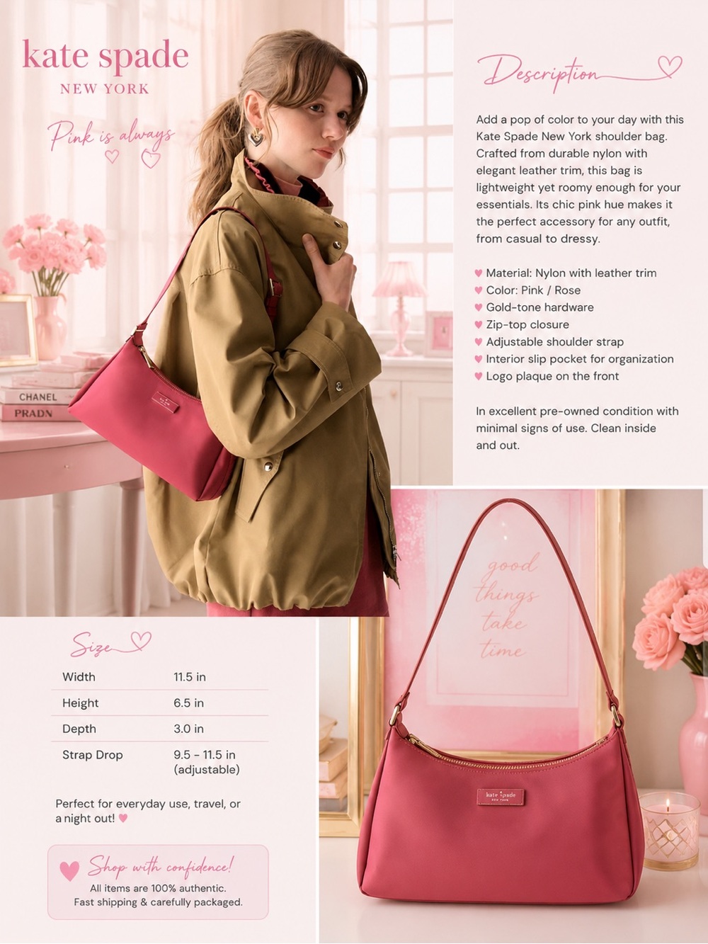 kate spade Carter Pink Nylon Shoulder Bag with Gold-Tone Hardware
